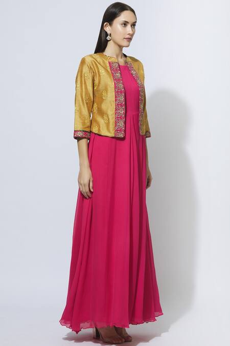 Manasi Sengupta Yellow Raw Silk, Chiffon Dress Round Jacket Band Maxi With Embroidered Online at Aza Fashions Manasi Sengupta_Yellow Raw Silk, Chiffon Dress Round Jacket Band Maxi With Embroidered _Online_at_Aza_Fashions