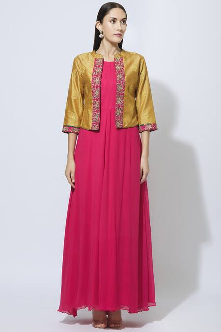 Buy Manasi Sengupta Yellow Raw Silk, Chiffon Dress Round Jacket Band Maxi With Embroidered Online at Aza Fashions Buy_Manasi Sengupta_Yellow Raw Silk, Chiffon Dress Round Jacket Band Maxi With Embroidered _Online_at_Aza_Fashions