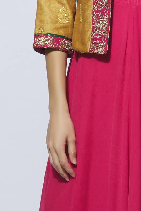 Manasi Sengupta Yellow Raw Silk, Chiffon Dress Round Jacket Band Maxi With Embroidered at Aza Fashions Manasi Sengupta_Yellow Raw Silk, Chiffon Dress Round Jacket Band Maxi With Embroidered _at_Aza_Fashions