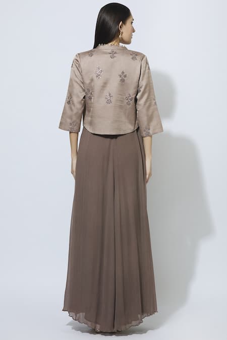 Shop Manasi Sengupta Brown Chiffon, Satin Muslin Dress Round Jacket Band Maxi With Embroidered at Aza Fashions Shop_Manasi Sengupta_Brown Chiffon, Satin Muslin Dress Round Jacket Band Maxi With Embroidered _at_Aza_Fashions