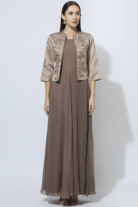 Manasi Sengupta Brown Chiffon, Satin Muslin Dress Round Jacket Band Maxi With Embroidered Online at Aza Fashions Manasi Sengupta_Brown Chiffon, Satin Muslin Dress Round Jacket Band Maxi With Embroidered _Online_at_Aza_Fashions