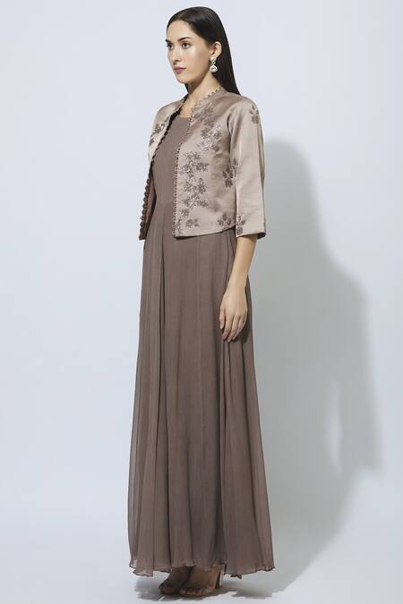 Buy Manasi Sengupta Brown Chiffon, Satin Muslin Dress Round Jacket Band Maxi With Embroidered Online at Aza Fashions Buy_Manasi Sengupta_Brown Chiffon, Satin Muslin Dress Round Jacket Band Maxi With Embroidered _Online_at_Aza_Fashions