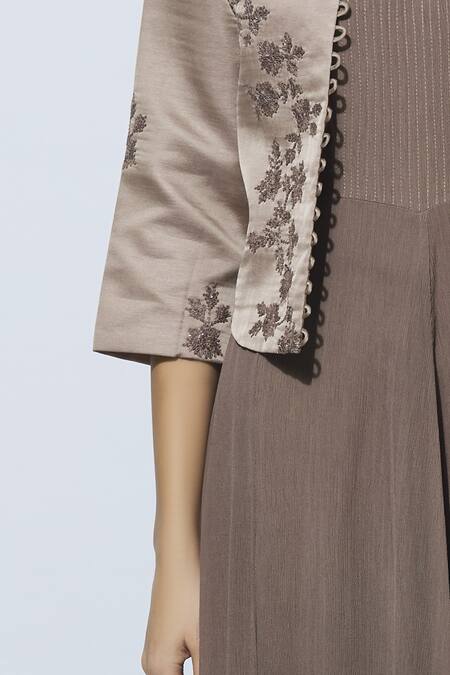 Manasi Sengupta Brown Chiffon, Satin Muslin Dress Round Jacket Band Maxi With Embroidered at Aza Fashions Manasi Sengupta_Brown Chiffon, Satin Muslin Dress Round Jacket Band Maxi With Embroidered _at_Aza_Fashions
