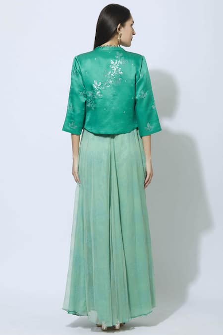Shop Manasi Sengupta Green Chiffon, Satin Muslin Dress Round Jacket Band Maxi With Embellished at Aza Fashions Shop_Manasi Sengupta_Green Chiffon, Satin Muslin Dress Round Jacket Band Maxi With Embellished _at_Aza_Fashions