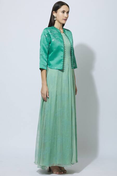 Manasi Sengupta Green Chiffon, Satin Muslin Dress Round Jacket Band Maxi With Embellished Online at Aza Fashions Manasi Sengupta_Green Chiffon, Satin Muslin Dress Round Jacket Band Maxi With Embellished _Online_at_Aza_Fashions