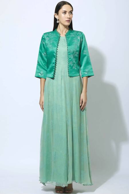 Buy Manasi Sengupta Green Chiffon, Satin Muslin Dress Round Jacket Band Maxi With Embellished Online at Aza Fashions Buy_Manasi Sengupta_Green Chiffon, Satin Muslin Dress Round Jacket Band Maxi With Embellished _Online_at_Aza_Fashions