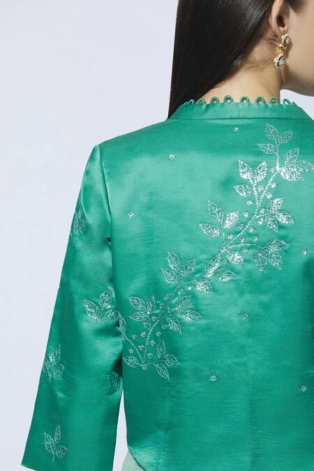 Manasi Sengupta Green Chiffon, Satin Muslin Dress Round Jacket Band Maxi With Embellished at Aza Fashions Manasi Sengupta_Green Chiffon, Satin Muslin Dress Round Jacket Band Maxi With Embellished _at_Aza_Fashions