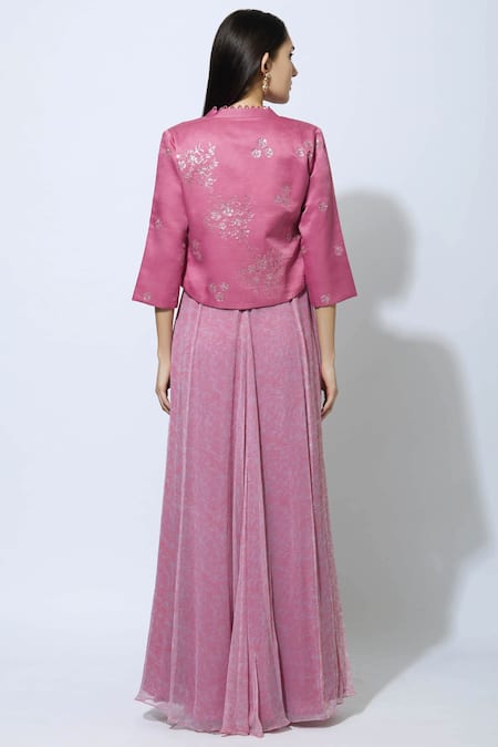 Shop Manasi Sengupta Pink Chiffon, Satin Muslin Dress Round Jacket Band Maxi With Embellished at Aza Fashions Shop_Manasi Sengupta_Pink Chiffon, Satin Muslin Dress Round Jacket Band Maxi With Embellished _at_Aza_Fashions