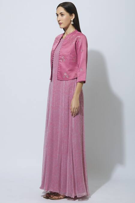 Manasi Sengupta Pink Chiffon, Satin Muslin Dress Round Jacket Band Maxi With Embellished Online at Aza Fashions Manasi Sengupta_Pink Chiffon, Satin Muslin Dress Round Jacket Band Maxi With Embellished _Online_at_Aza_Fashions