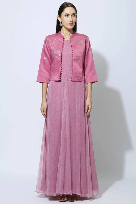 Buy Manasi Sengupta Pink Chiffon, Satin Muslin Dress Round Jacket Band Maxi With Embellished Online at Aza Fashions Buy_Manasi Sengupta_Pink Chiffon, Satin Muslin Dress Round Jacket Band Maxi With Embellished _Online_at_Aza_Fashions