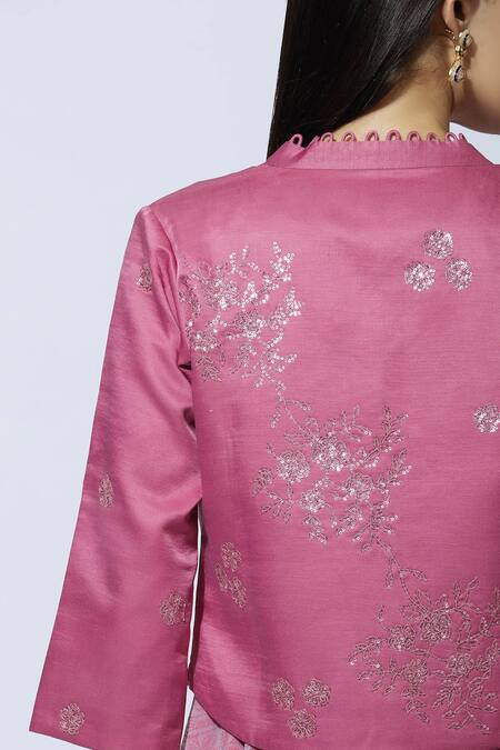 Manasi Sengupta Pink Chiffon, Satin Muslin Dress Round Jacket Band Maxi With Embellished at Aza Fashions Manasi Sengupta_Pink Chiffon, Satin Muslin Dress Round Jacket Band Maxi With Embellished _at_Aza_Fashions