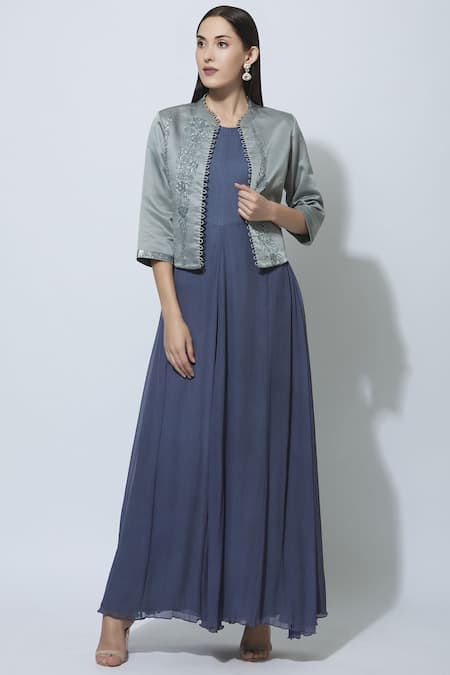 Indo Western Dress with Long Jacket for Party Wear in Navy Blue Colour