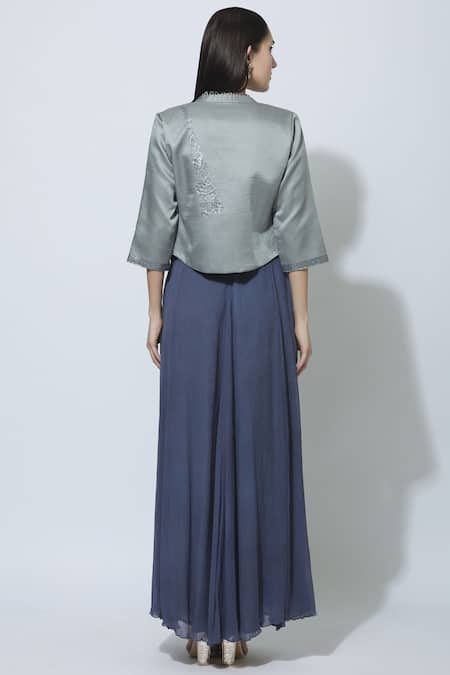 Shop Manasi Sengupta Grey Chiffon, Satin Muslin Dress Round Jacket Band Maxi With Embellished at Aza Fashions Shop_Manasi Sengupta_Grey Chiffon, Satin Muslin Dress Round Jacket Band Maxi With Embellished _at_Aza_Fashions