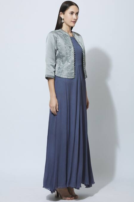 Manasi Sengupta Grey Chiffon, Satin Muslin Dress Round Jacket Band Maxi With Embellished Online at Aza Fashions Manasi Sengupta_Grey Chiffon, Satin Muslin Dress Round Jacket Band Maxi With Embellished _Online_at_Aza_Fashions