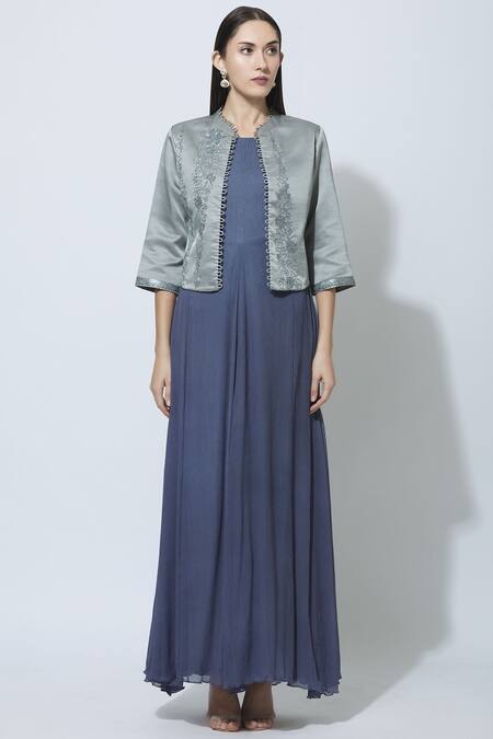 Buy Manasi Sengupta Grey Chiffon, Satin Muslin Dress Round Jacket Band Maxi With Embellished Online at Aza Fashions Buy_Manasi Sengupta_Grey Chiffon, Satin Muslin Dress Round Jacket Band Maxi With Embellished _Online_at_Aza_Fashions