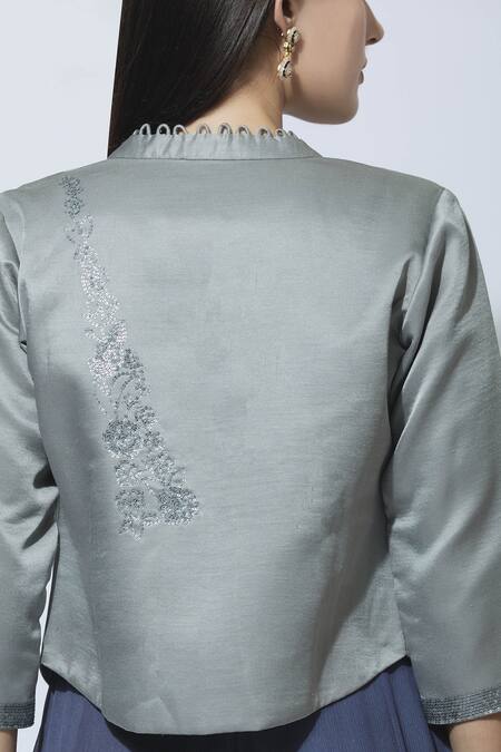 Manasi Sengupta Grey Chiffon, Satin Muslin Dress Round Jacket Band Maxi With Embellished at Aza Fashions Manasi Sengupta_Grey Chiffon, Satin Muslin Dress Round Jacket Band Maxi With Embellished _at_Aza_Fashions