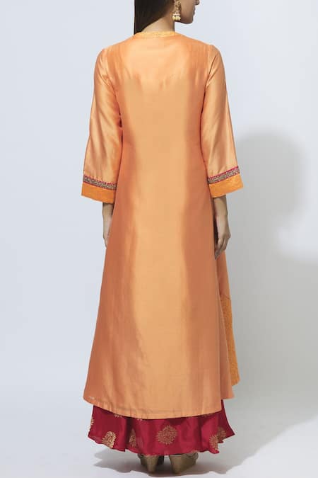 Shop Manasi Sengupta Orange Chiffon, Silk Chanderi Band Collar Embroidered Kurta Set at Aza Fashions Shop_Manasi Sengupta_Orange Chiffon, Silk Chanderi Band Collar Embroidered Kurta Set _at_Aza_Fashions