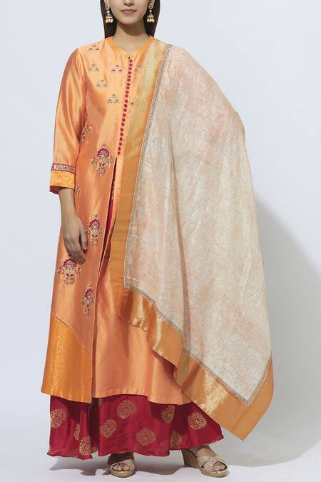Manasi Sengupta Orange Chiffon, Silk Chanderi Band Collar Embroidered Kurta Set Online at Aza Fashions Manasi Sengupta_Orange Chiffon, Silk Chanderi Band Collar Embroidered Kurta Set _Online_at_Aza_Fashions