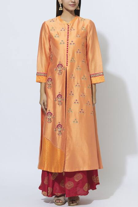Buy Manasi Sengupta Orange Chiffon, Silk Chanderi Band Collar Embroidered Kurta Set Online at Aza Fashions Buy_Manasi Sengupta_Orange Chiffon, Silk Chanderi Band Collar Embroidered Kurta Set _Online_at_Aza_Fashions