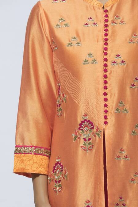 Manasi Sengupta Orange Chiffon, Silk Chanderi Band Collar Embroidered Kurta Set at Aza Fashions Manasi Sengupta_Orange Chiffon, Silk Chanderi Band Collar Embroidered Kurta Set _at_Aza_Fashions