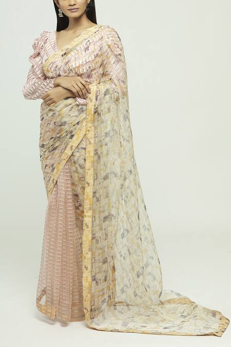 Vedika M Multi Color Organza, Satin V-shaped Printed Saree With Blouse Online at Aza Fashions Vedika M_Multi Color Organza, Satin V-shaped Printed Saree With Blouse_Online_at_Aza_Fashions