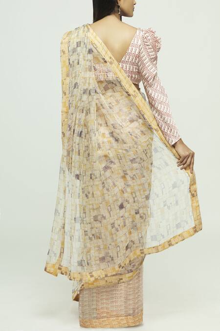 Shop Vedika M Multi Color Organza, Satin V-shaped Printed Saree With Blouse at Aza Fashions Shop_Vedika M_Multi Color Organza, Satin V-shaped Printed Saree With Blouse_at_Aza_Fashions