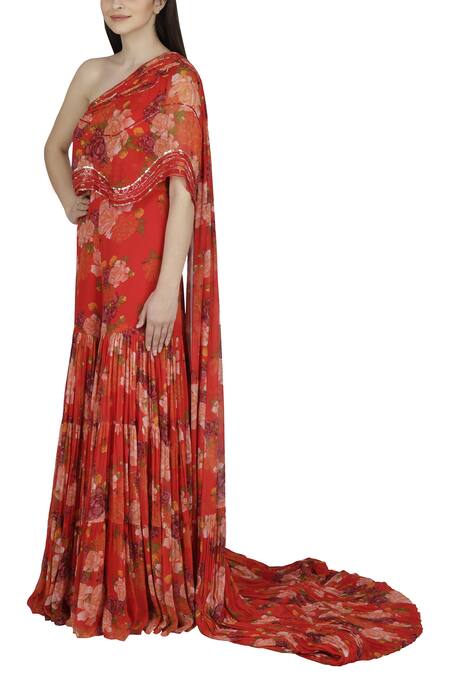 Julie By Julie Shah_Red Georgette Asymmetric Floral Print Jumpsuit _Online_at_Aza_Fashions