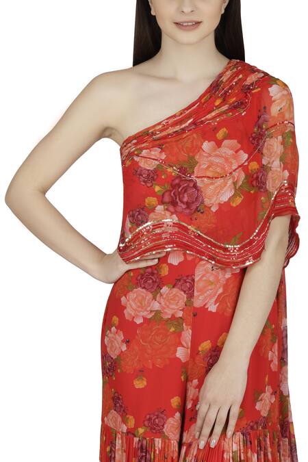 Buy_Julie By Julie Shah_Red Georgette Asymmetric Floral Print Jumpsuit _Online_at_Aza_Fashions