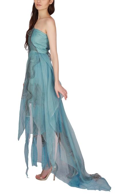 Buy_Julie By Julie Shah_Blue Organza Printed Dress _Online_at_Aza_Fashions