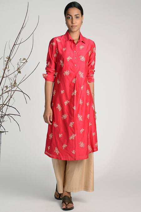 Umbar_Pink Silk Spread Collar Embroidered Kurta_Online_at_Aza_Fashions
