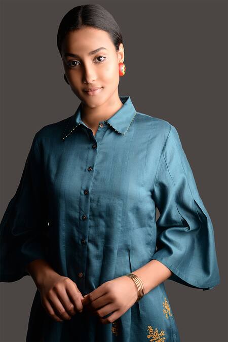 Shop_Umbar_Blue Silk Spread Collar Embroidered Tunic_Online_at_Aza_Fashions