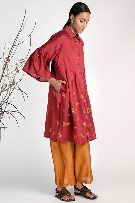 Umbar_Wine Silk Spread Collar Embroidered Tunic_Online_at_Aza_Fashions
