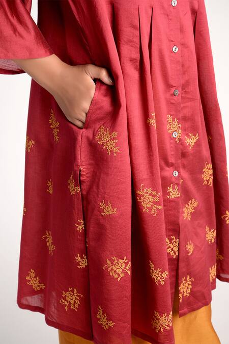 Buy_Umbar_Wine Silk Spread Collar Embroidered Tunic_Online_at_Aza_Fashions