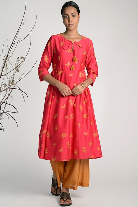 Umbar Pink Silk Split Embroidered Kurta  