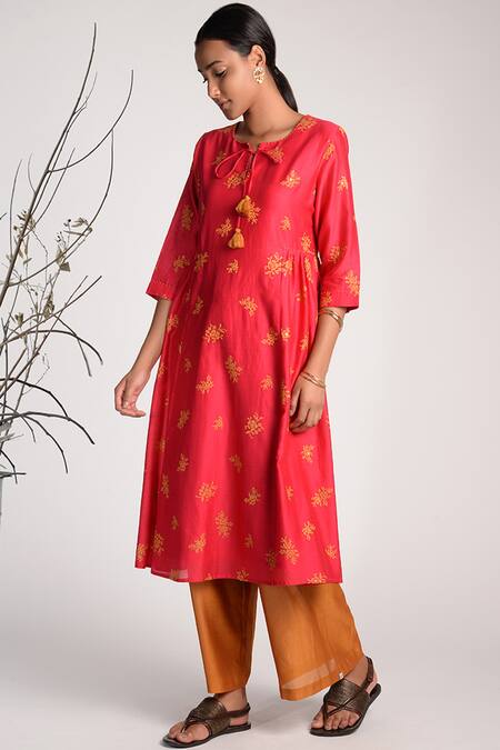 Umbar_Pink Silk Split Embroidered Kurta_Online_at_Aza_Fashions