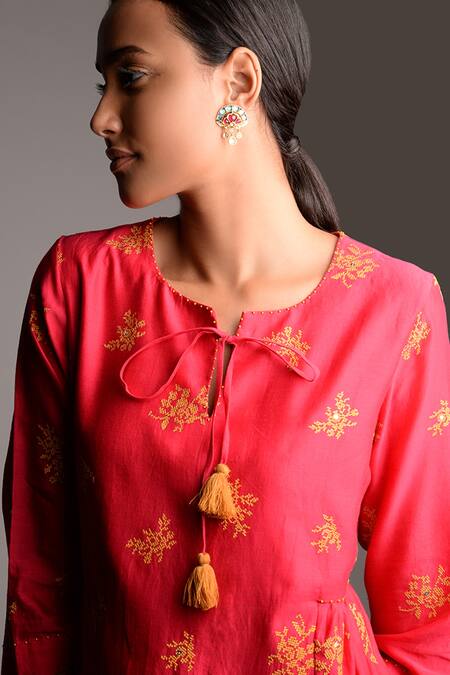 Shop_Umbar_Pink Silk Split Embroidered Kurta_Online_at_Aza_Fashions