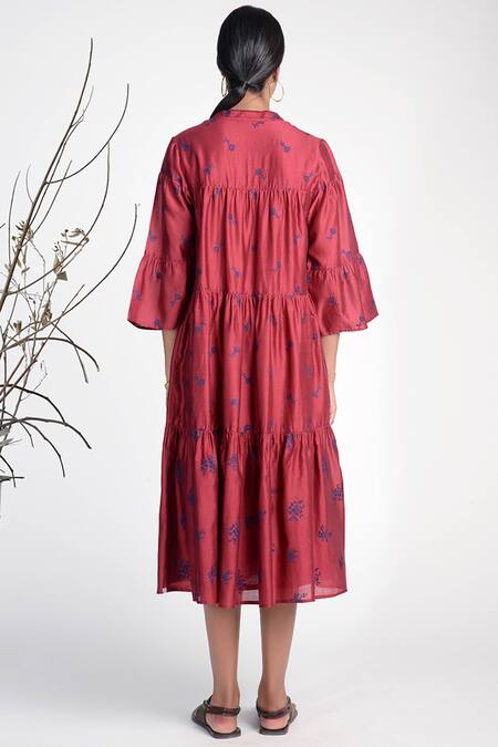 Shop Umbar Wine Silk And Cotton Blend Band Collar Embroidered Midi Dress at Aza Fashions Shop_Umbar_Wine Silk And Cotton Blend Band Collar Embroidered Midi Dress_at_Aza_Fashions