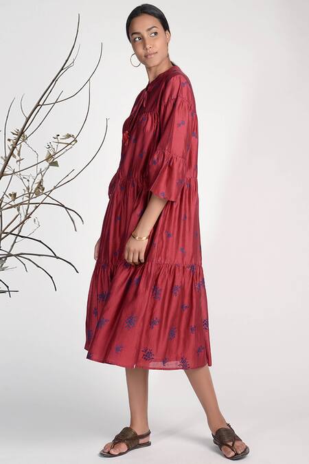 Umbar Wine Silk And Cotton Blend Band Collar Embroidered Midi Dress Online at Aza Fashions Umbar_Wine Silk And Cotton Blend Band Collar Embroidered Midi Dress_Online_at_Aza_Fashions