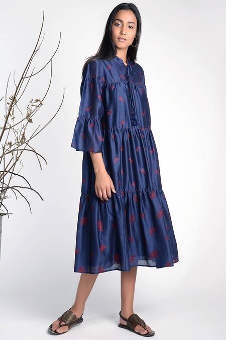 Umbar_Blue Silk And Cotton Blend Band Collar Embroidered Midi Dress_Online_at_Aza_Fashions