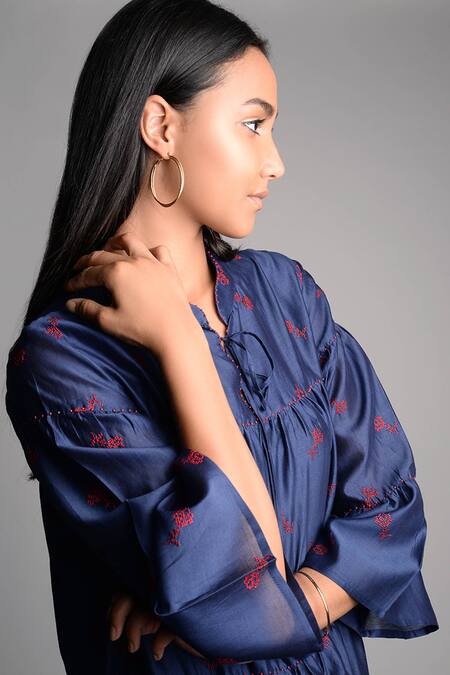 Buy_Umbar_Blue Silk And Cotton Blend Band Collar Embroidered Midi Dress_Online_at_Aza_Fashions