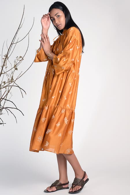 Umbar_Yellow Silk And Cotton Blend Band Collar Embroidered Midi Dress_Online_at_Aza_Fashions