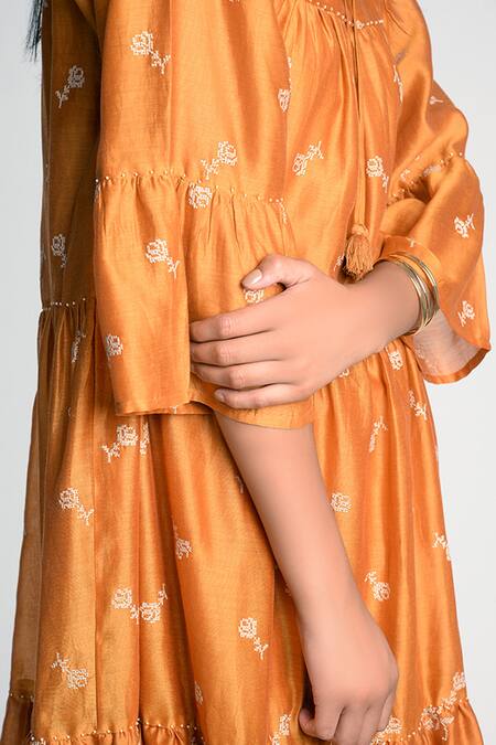 Buy_Umbar_Yellow Silk And Cotton Blend Band Collar Embroidered Midi Dress_Online_at_Aza_Fashions