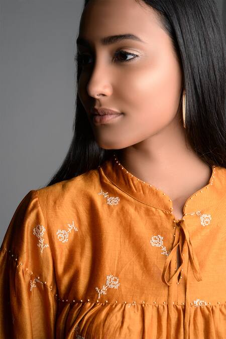 Shop_Umbar_Yellow Silk And Cotton Blend Band Collar Embroidered Midi Dress_Online_at_Aza_Fashions