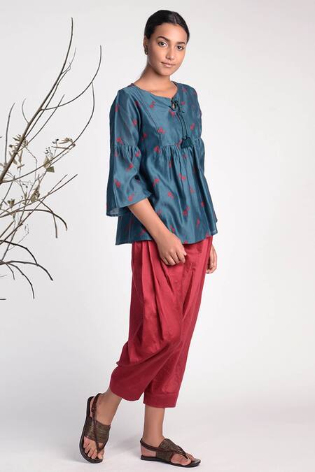 Umbar_Blue Silk Cotton Blend Round Embroidered Top_Online_at_Aza_Fashions