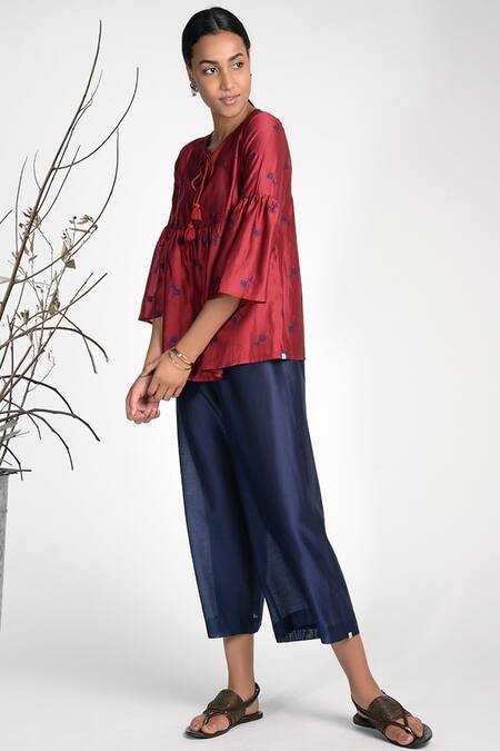 Umbar_Wine Silk Cotton Blend Round Embroidered Top_Online_at_Aza_Fashions
