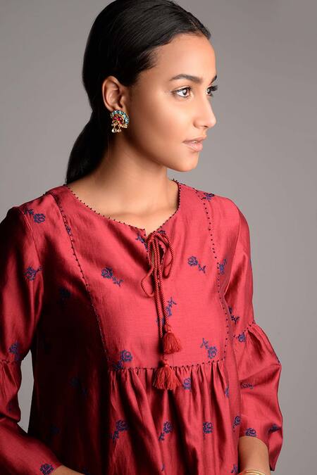 Buy_Umbar_Wine Silk Cotton Blend Round Embroidered Top_Online_at_Aza_Fashions