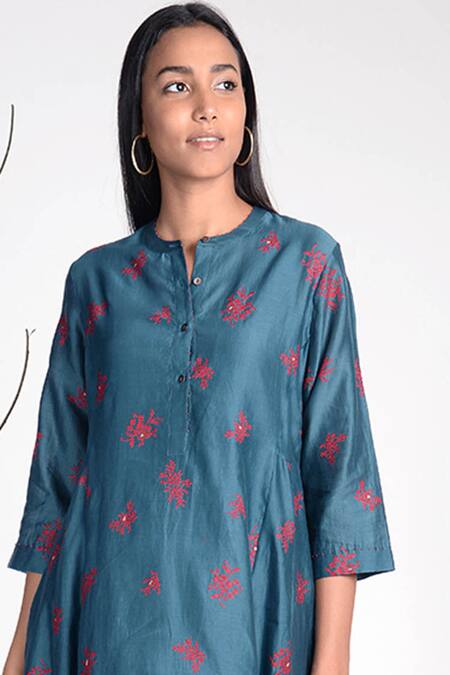 Buy_Umbar_Blue Silk And Cotton Blend Collar Embroidered Tunic_Online_at_Aza_Fashions