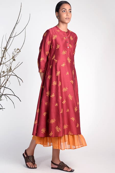 Umbar_Wine Silk And Cotton Blend Collar Embroidered Tunic_Online_at_Aza_Fashions
