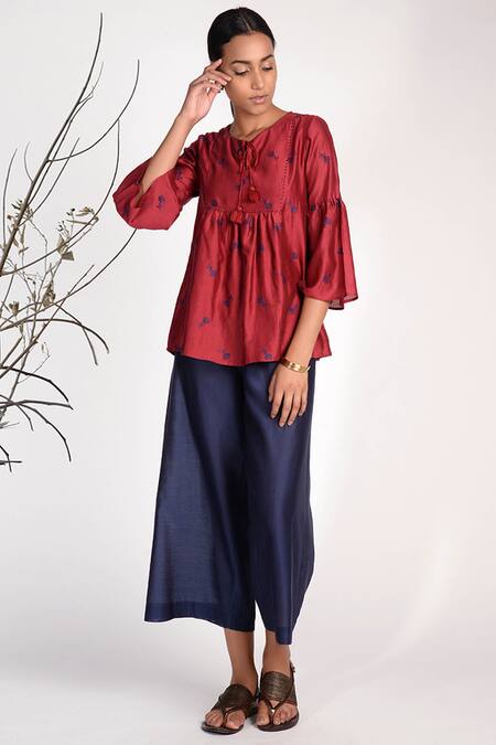 Umbar Blue Silk Cotton Blend High Waist Culottes Online at Aza Fashions Umbar_Blue Silk Cotton Blend High Waist Culottes_Online_at_Aza_Fashions