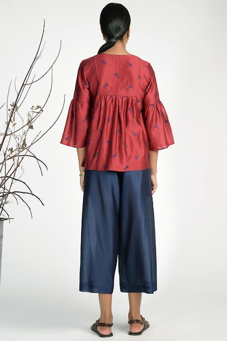 Shop Umbar Blue Silk Cotton Blend High Waist Culottes at Aza Fashions Shop_Umbar_Blue Silk Cotton Blend High Waist Culottes_at_Aza_Fashions